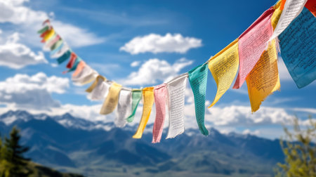 Vibrant prayer flags flutter in the wind against a breathtaking mountain backdrop, symbolizing peace and spirituality in a tranquil outdoor setting.の素材
