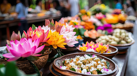 A vibrant scene showcasing a colorful flower display at a traditional market. Fresh produce and floral arrangements highlight the beauty and essence of local culture.の素材