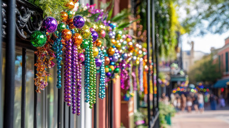 Colorful Mardi Gras decorations feature vibrant beads and lights along the street, creating a festive atmosphere perfect for celebration and joy.の素材
