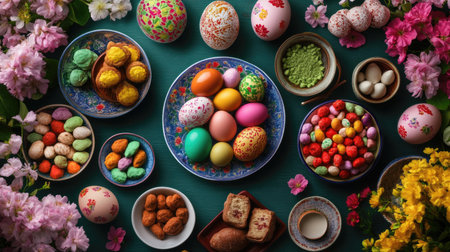A vibrant Easter scene featuring colorful eggs, delightful treats, and beautiful flowers, perfect for spring celebrations and festive gatherings.の素材