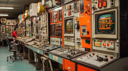 Explore a vintage control room filled with retro technology and colorful panels showcasing intricate machinery, monitors, and workstations in a historical setting.の素材