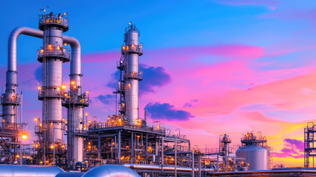 Breathtaking view of an industrial plant at sunset. Colorful sky with vibrant hues serves as a backdrop to towering structures and intricate pipelines.の素材