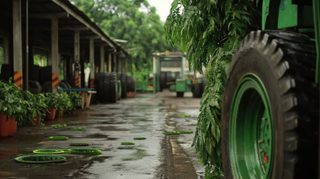 A serene industrial farm yard featuring green tires and a wet pavement. Lush vegetation enhances the rural ambiance, showcasing agricultural life and machinery.の素材