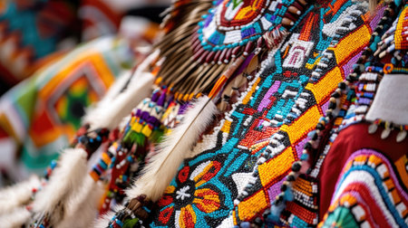 This close-up image captures the vibrant beadwork of traditional Native American attire. The intricate patterns showcase cultural heritage and craftsmanship, celebrating artistry and style.の素材