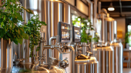 Modern brewery setup featuring shiny stainless steel equipment and vibrant fresh herbs, showcasing the art of craft beverage production in a stylish interior.の素材