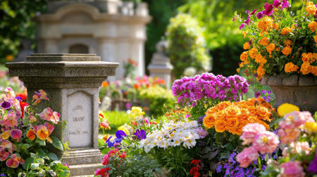 A beautifully arranged flower garden in a tranquil cemetery, showcasing vibrant blooms in a serene setting, ideal for themes of remembrance and peace.の素材