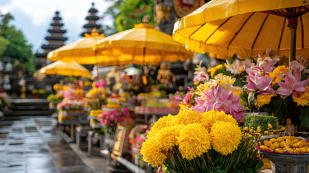 Explore a vibrant flower market adorned with yellow umbrellas and colorful blooms. A serene outdoor scene filled with exotic beauty and cultural charm.の素材