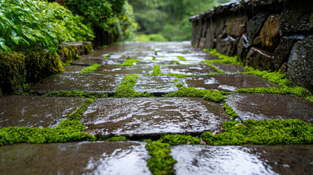 This stunning image captures a stone pathway adorned with vibrant moss, glistening in the rain. The serene garden setting highlights the tranquil beauty of nature.の素材