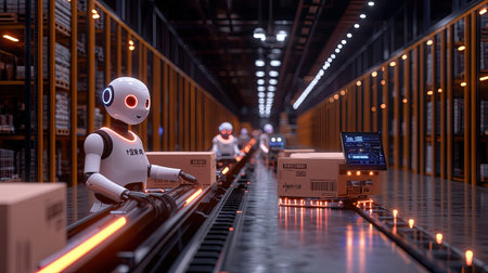 A scene depicting robots working efficiently in a modern warehouse with an advanced conveyor system, showcasing automation and technology in logistics operations.の素材