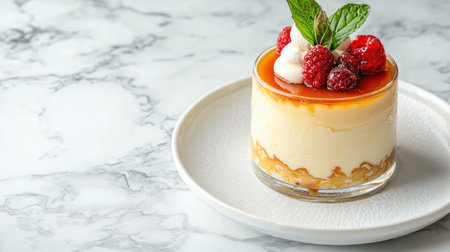 This delightful cheesecake dessert features creamy layers topped with fresh raspberries and mint leaves, elegantly presented on a marble surface. Perfect for culinary inspiration!の素材