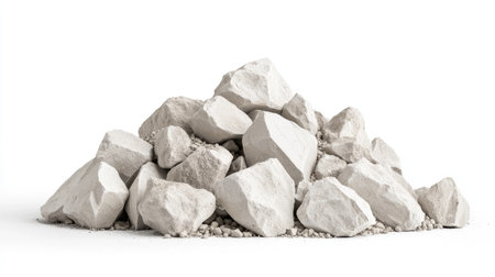 A detailed view of a pile of white rocks and stones arranged on a bright background, ideal for various design projects, including construction and decoration.の素材