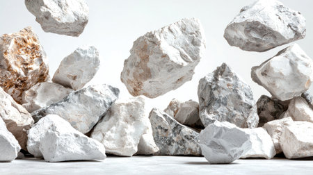A captivating image of rocks suspended in mid-air against a minimalist background, showcasing their unique textures and forms, suitable for various design projects.の素材