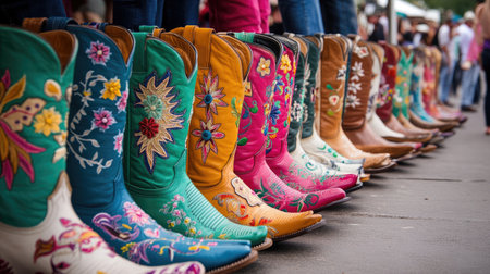 A vibrant array of colorful cowboy boots, showcasing intricate designs and embroidery at a lively western event. Perfect for fashion and culture themes.の素材