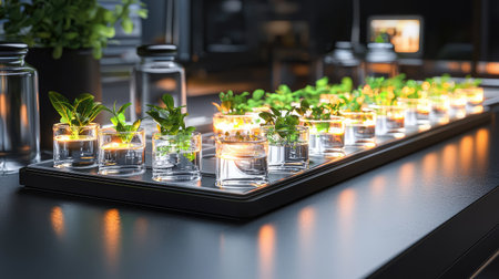 A stylish arrangement of fresh mint plants in clear glass containers, illuminated by soft ambient lighting, creating a serene and modern atmosphere in a contemporary space.の素材