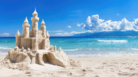 A stunning sandcastle stands triumphantly on a beautiful beach, surrounded by clear blue waters and fluffy white clouds. The perfect summer scene for vacations.の素材