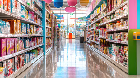 A vibrant aisle in a retail store showcasing a wide array of consumer products, creating an inviting shopping experience. Bright colors and organized displays highlight various essential items.の素材