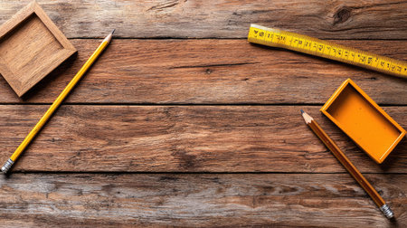 A rustic workspace displaying a wooden table with stationery items, including yellow and brown pencils, a measuring ruler, and small wooden boxes. Ideal for creative projects.の素材