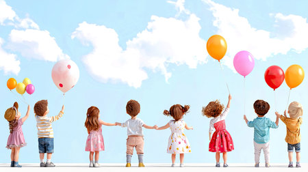 A vibrant scene of joyful children holding colorful balloons under a bright blue sky. Their expressions of delight reflect pure innocence and happiness during a playful moment outdoors.の素材