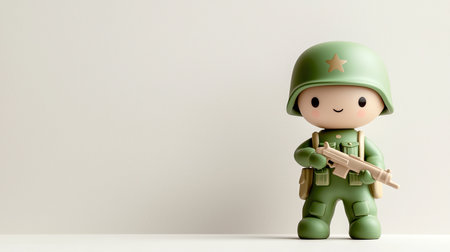 Adorable toy soldier figure in green uniform, holding a rifle, ideal for playful decor, children's toys, or creative photography. Perfect for various themes and projects.の素材