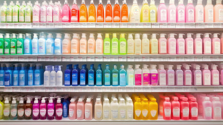 A vibrant display of assorted shampoo bottles arranged neatly on a retail shelf, showcasing a range of colors and designs for personal care products.の素材