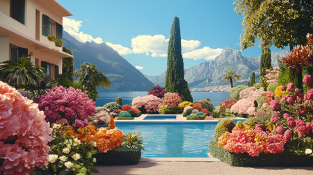 A stunning botanical garden showcasing a vibrant array of flowers and a serene pool, framed by majestic mountains and a tranquil lake in the background.の素材
