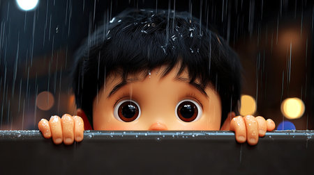 A cute child peeks out with wide eyes during a rainy night, expressing a mix of wonder and curiosity. The scene captures innocence and emotion, encapsulating childhood joy.の素材