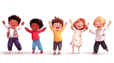 A vibrant illustration of joyful children celebrating together in colorful attire, showcasing happiness, friendship, and carefree moments. Perfect for themes of childhood and diversity.の素材