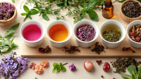 An inviting arrangement of colorful herbal teas and fresh ingredients showcases the beauty of nature's flavors and aromas. Perfect for wellness and culinary inspiration.の素材
