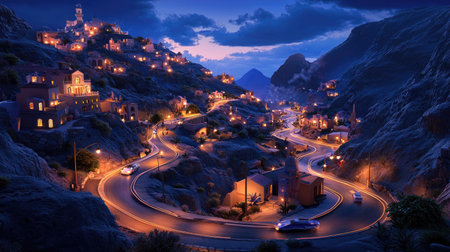 A breathtaking mountain village at night, showcasing winding roads illuminated by warm lights. This serene landscape captures the charm and beauty of evening travel.の素材