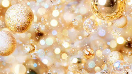 This enchanting image features golden bubbles and sparkling lights, creating a dreamy and festive atmosphere. Perfect for celebrations or luxury themes.の素材