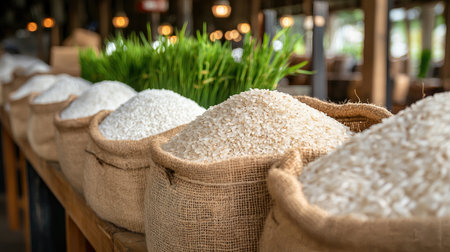 Discover a vibrant market scene showcasing various rice types stored in burlap sacks. The image emphasizes texture and freshness in a rustic setting, ideal for culinary themes.の素材