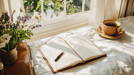 A serene morning scene featuring an open notebook, a cup of coffee, and a bouquet of flowers on a sunlit table, ideal for inspiration and creativity.の素材