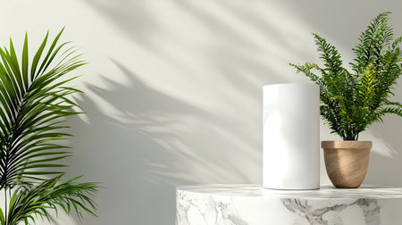 A stylish setup featuring a white cylinder vase next to lush greenery, perfect for enhancing minimalist home aesthetics and inviting a natural vibe.の素材