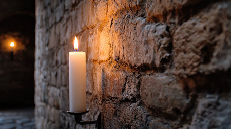 A serene candle casts a soft glow against a rugged stone wall, creating a warm ambiance. Ideal for themes of tranquility, history, or cozy interiors.の素材