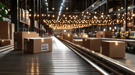 A modern warehouse scene featuring boxes on a conveyor belt, highlighted by ambient lighting. This image showcases logistics, efficiency, and the automated processes in action.の素材