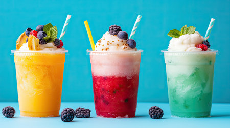 A vibrant display of three colorful frozen drinks with fruit toppings, perfect for summer parties. Enjoy these refreshing blends on a hot day!の素材