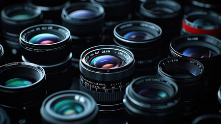 A striking assortment of photography lenses arranged on a dark surface, showcasing the intricate details and vibrant colors that highlight the art of photography.の素材