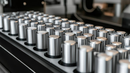 A detailed view of stainless steel cylinders arranged in a production line, highlighting modern manufacturing techniques and precision engineering in an industrial setting.の素材