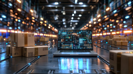 A laptop showcasing complex data insights sits in a bustling warehouse, surrounded by neatly stacked boxes. This image captures the essence of modern logistics and technology.の素材