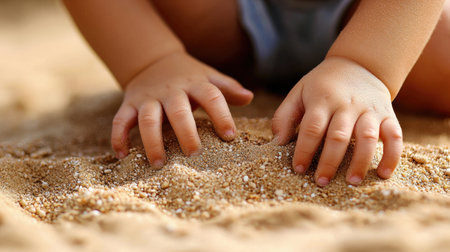 A close-up view of a child hands exploring soft sand at the beach. The sunlight highlights the delicate texture, capturing a moment of pure joy and discovery.の素材