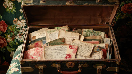 A rustic vintage suitcase overflowing with old letters and postcards, evoking nostalgia and personal history. The warm tones and floral patterns enrich the scene.の素材