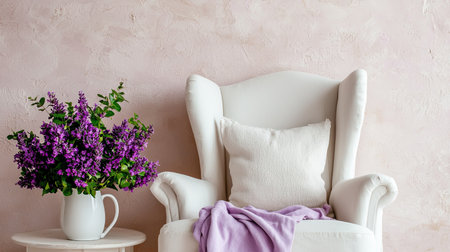 A cozy white chair sits elegantly against a soft pink wall, adorned with a bouquet of vibrant purple flowers and a plush blanket for a serene home atmosphere.の素材