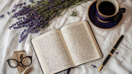 A serene workspace featuring an open journal, lavender flowers, and a steaming cup of coffee, perfect for creating a cozy and inviting atmosphere for relaxation and creativity.の素材