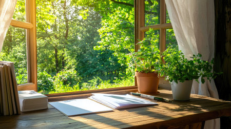 A tranquil view from a window, showcasing sunlight filtering through trees and illuminating green plants on a wooden table, ideal for relaxation and inspiration.の素材