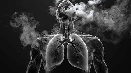 This striking illustration depicts human lungs surrounded by smoke, highlighting the impact of smoking on respiratory health. Perfect for educational content on anatomy.の素材