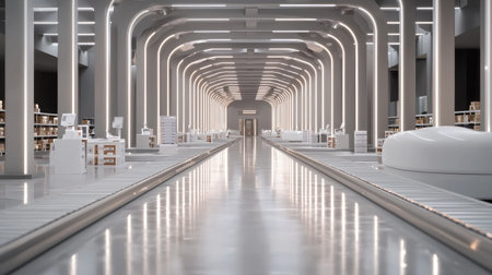 A sleek and modern library space featuring arched lighting and minimalist design. The clean pathways guide visitors through a tranquil setting ideal for study and exploration.の素材