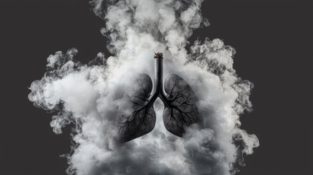 This striking artwork features detailed lungs engulfed in smoke, illustrating the impact of air quality on health. A powerful representation of anatomy and pollution.の素材
