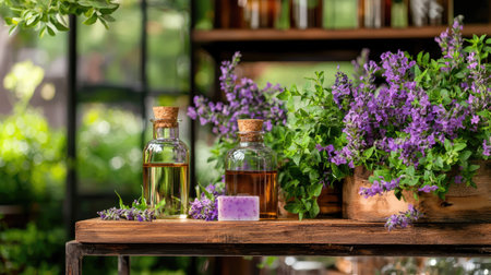 Captivating arrangement of lavender essential oil bottles beside fresh lavender flowers, creating an inviting atmosphere perfect for relaxation and wellness.の素材