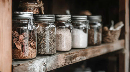 A collection of transparent glass jars showcasing different spices and herbs, perfectly arranged on a rustic wooden shelf, ideal for culinary inspiration and home organization.の素材