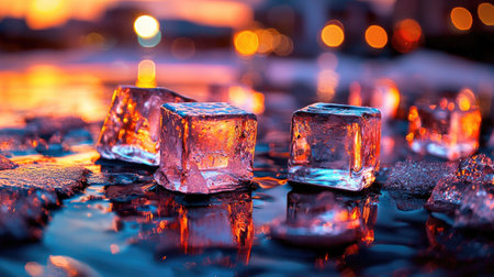 Vibrant ice cubes melting on a reflective surface, illuminated by sunset hues. The colorful bokeh creates a mesmerizing backdrop for this captivating scene.の素材